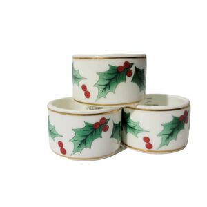 Mikasa Bone China Christmas Holiday Ribbon Holly Set of 4 Napkin Rings